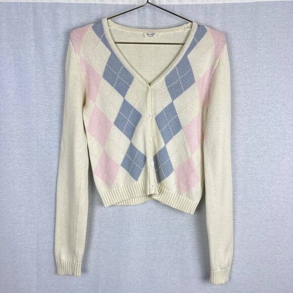 John Galt Sweater Elizabeth Argyle Pastel Cardigan Soft Girl Preppy Tennis Y2K - Picture 1 of 6